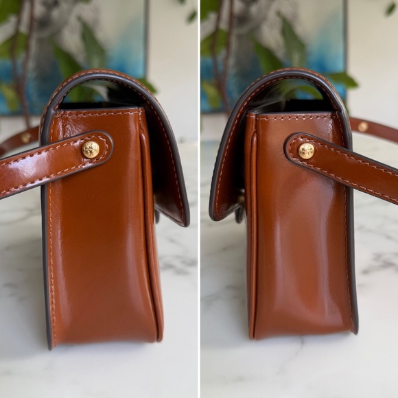 Tory Burch Robinson Spazzolato Leather Shoulder Bag Dark Sienna Brown Patent - Picture 6 of 16